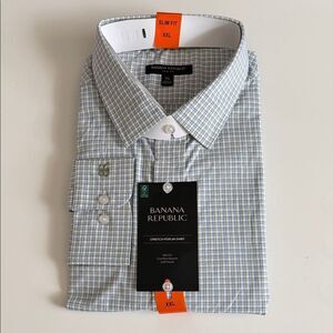 Banana Republic Men's Slim Fit Dress Shirt Green Blue and White Check